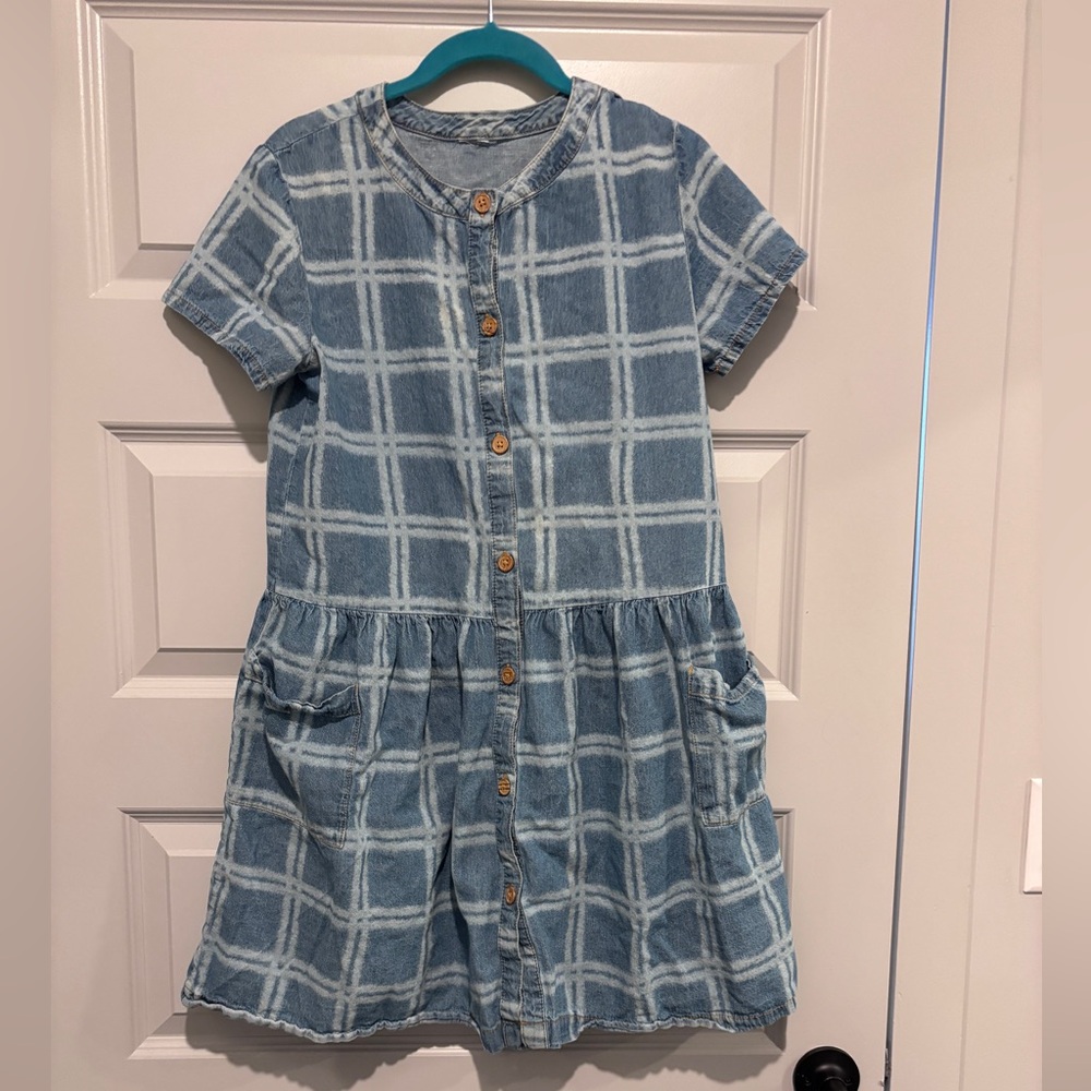 Anthropologie Dress Denim Chambray Pattern Vintage Button Skirt Cotton White
